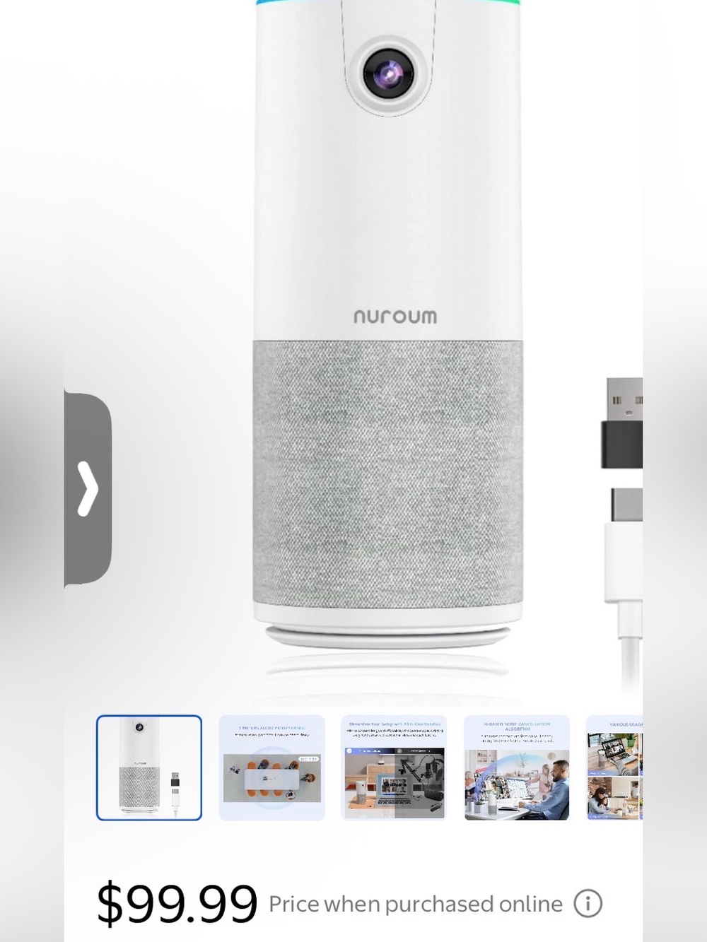 Nuroum Portable Smart Speaker with Camera - White/Grey